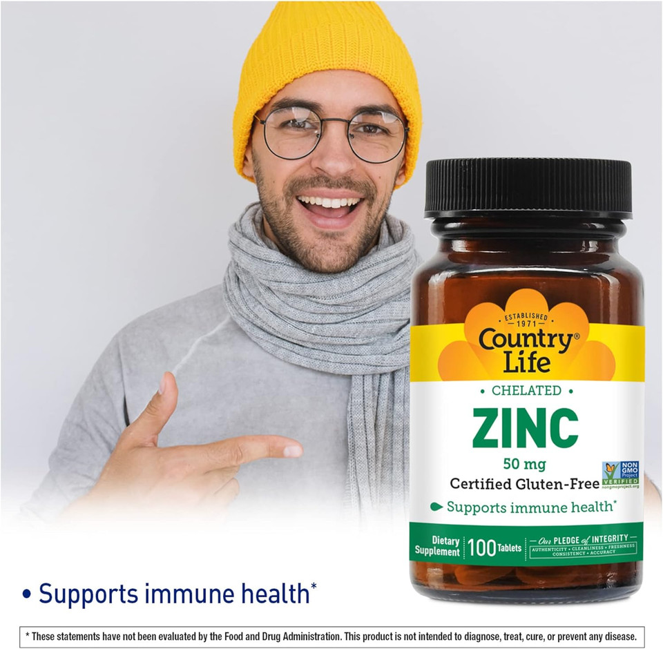 Country Life Zinc 50Mg, Amino Acid Chelate, 100 Tablets, Certified Gluten Free, Certified Vegan, Non-Gmo Verified