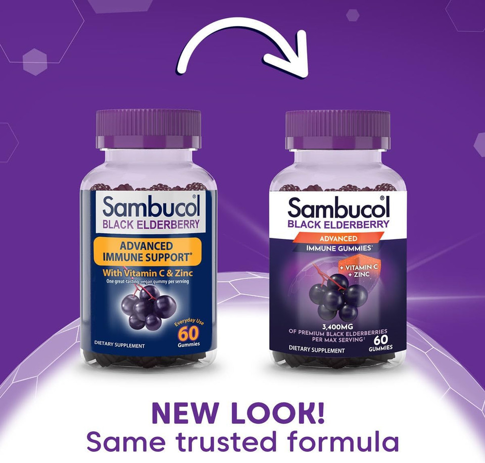 Sambucol Black Elderberry Gummies With Vitamin C & Zinc - Sambucus Elderberry Gummies For Immune Support, High Antioxidants, Gluten Free, Vegan, Elderberry With Zinc & Vitamin C For Adults - 60 Count