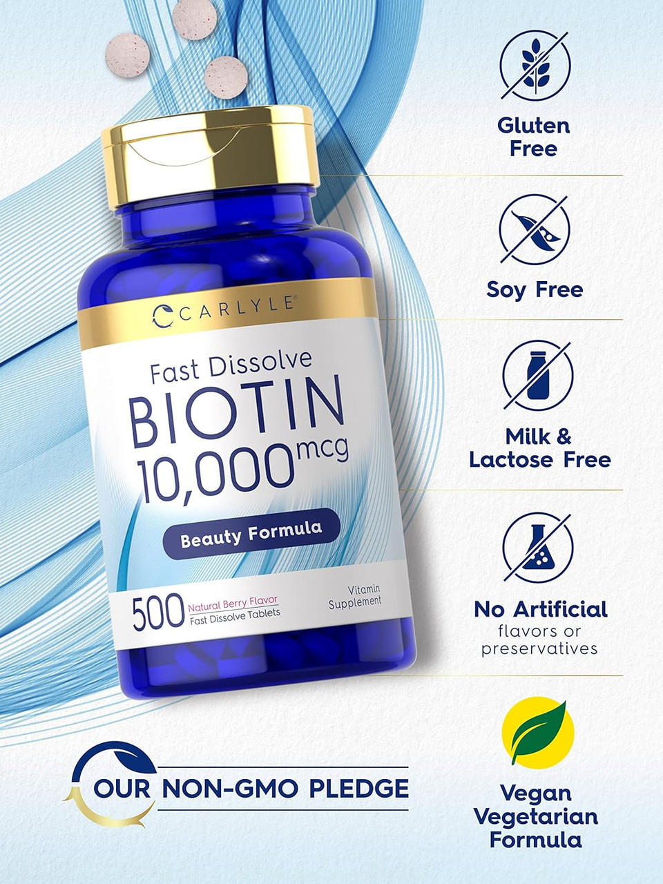 Carlyle Biotin 10000Mcg | 500 Fast Dissolve Tablets | Max Strength | Vegetarian, Non-Gmo, Gluten Free Supplement