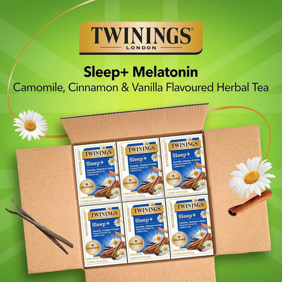 Twinings Superblends Sleep+ Herbal Tea With Melatonin Camomile, Cinnamon & Vanilla, Caffeine-Free, 16 Tea Bags (Pack Of 6), Enjoy Hot Or Iced Twinings Superblends Sleep+ Herbal Tea With Melatonin Camomile, Cinnamon & Vanilla, Caffeine-Free, 16 Tea Bags (Pack Of 6), Enjoy Hot Or Iced