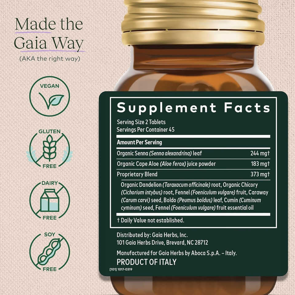 Gaia Herbs Natural Laxative - Supports Constipation Relief For Adults - With Senna Leaf, Cape Aloe, Caraway, Dandelion & Fennel - 90 Tablets (45 Servings)