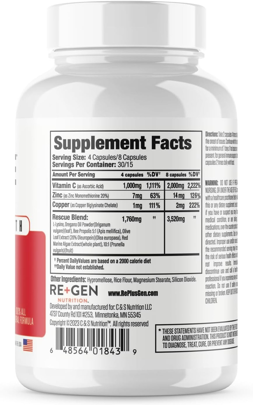Re+Gen Nutrition Herprescue Outbreak Support Supplement, Cold Sore Care For Adults, Natural Capsules W/Zinc, Vitamin C, & L Lysine Amino Acid For Immune Health, 120 Capsules