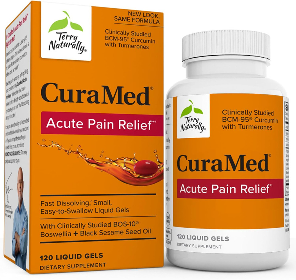 Terry Naturally Curamed Acute Pain Relief - 120 Liquid Gels - With Bcm-95 Curcumin, Bos-10 Boswellia & Black Sesame Seed Oil - Small, Easy To Swallow, Fast Dissolving - Non-Gmo - 60 Servings