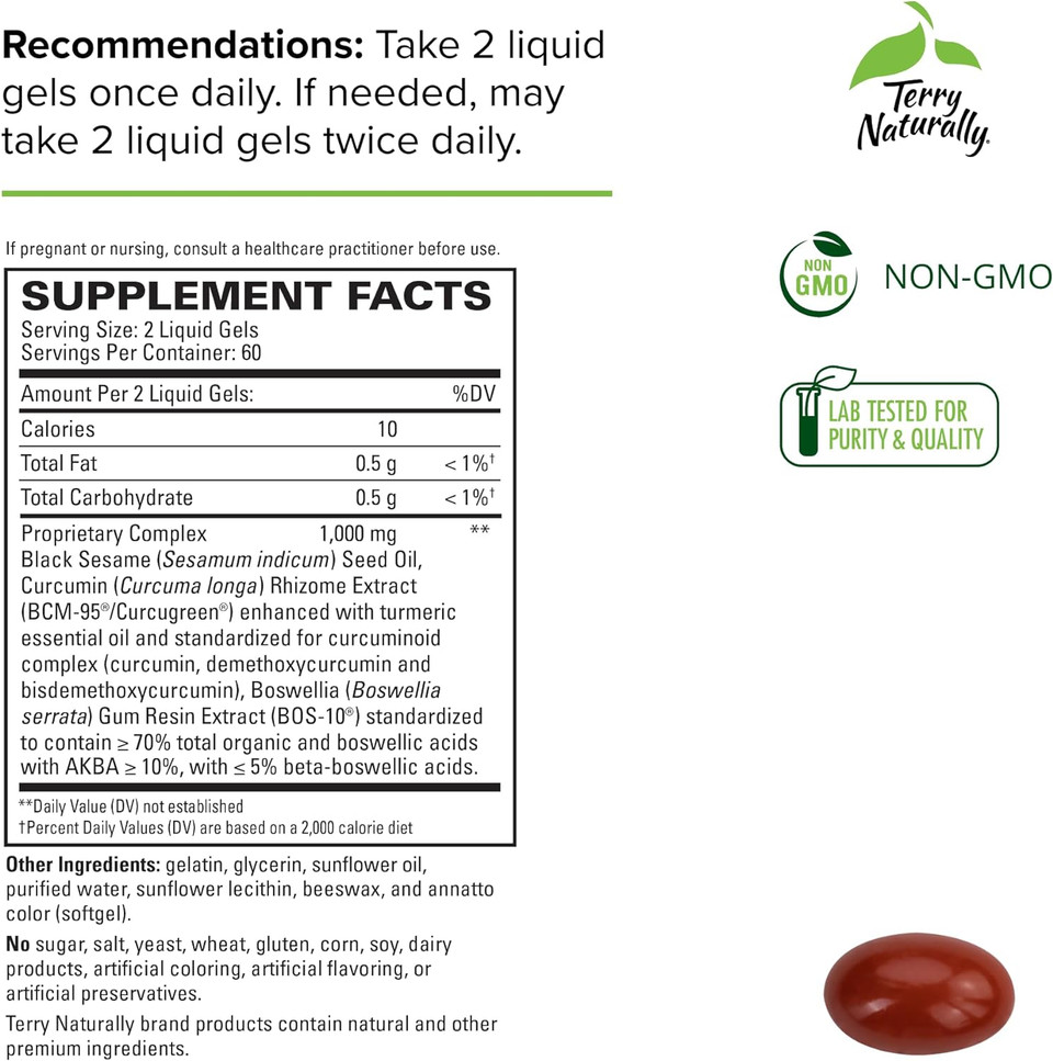 Terry Naturally Curamed Acute Pain Relief - 120 Liquid Gels - With Bcm-95 Curcumin, Bos-10 Boswellia & Black Sesame Seed Oil - Small, Easy To Swallow, Fast Dissolving - Non-Gmo - 60 Servings