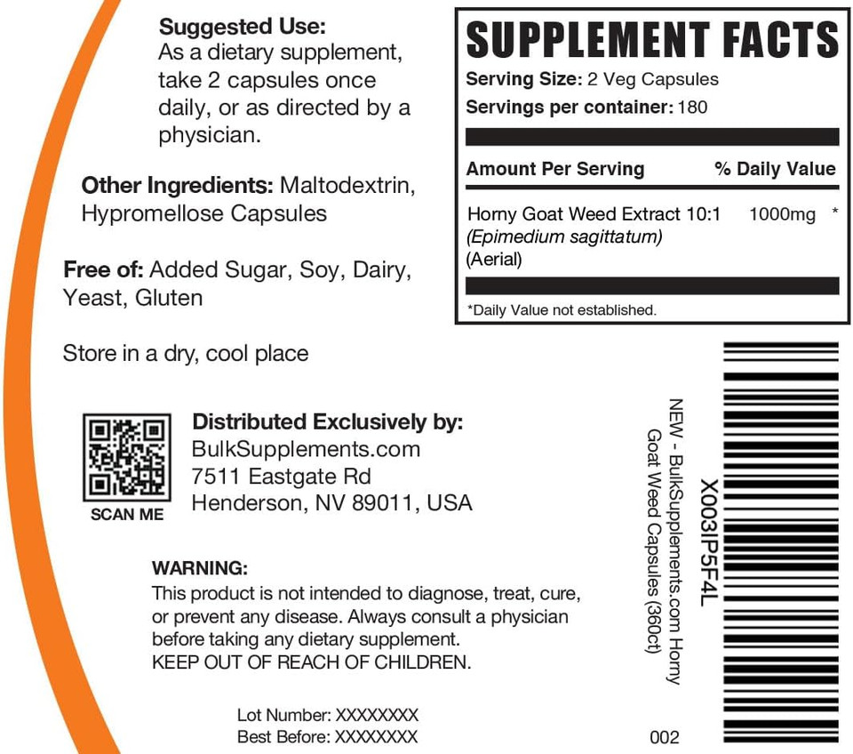 Bulksupplements.Com Horny Goat Weed Capsules - Epimedium Extract, Horny Goat Weed Herbal Supplements - Vegan, 2 Capsules Per Serving (1000Mg), 360 Veg Capsules (Pack Of 1)