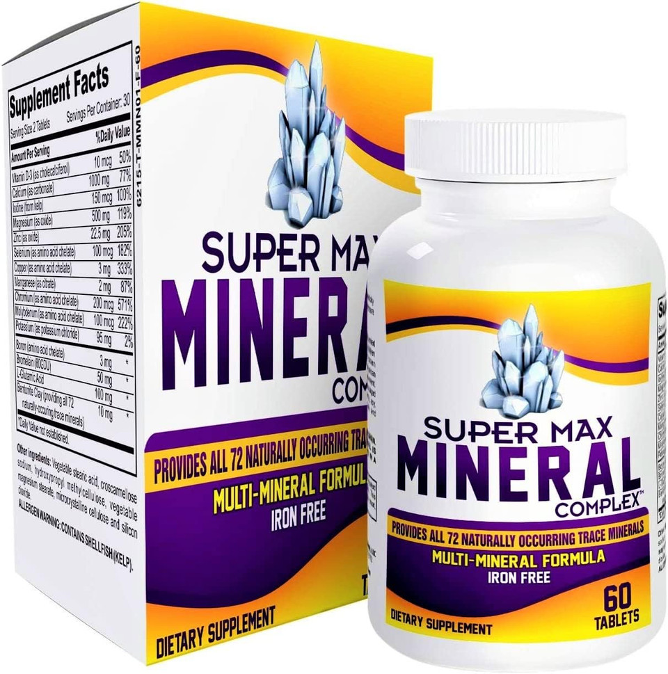 Supermax Multimineral Supplement (Iron Free) With 72 Trace Minerals - Natural Multiminerals - High Potency Multi Mineral Supplements All-In-1 Formula - 60 Tablets
