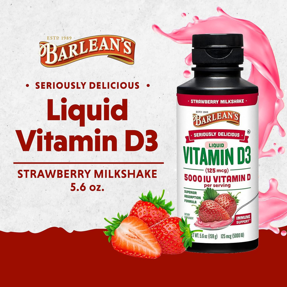 Barlean'S Liquid Vitamin D, 5000 Iu D3, Strawberry Milkshake Flavored For Kids And Adults, Maximum Absorption, Non-Gmo, Gluten-Free - 5.6 Oz