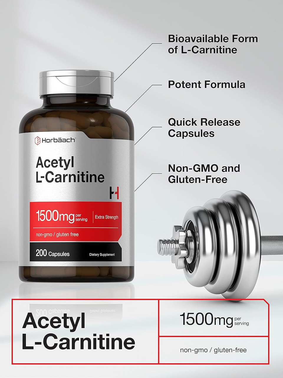Horbã£Â¤Ach Acetyl L-Carnitine 1500Mg | 200 Capsules | Extra Strength Alcar Supplement | Non-Gmo, Gluten Free