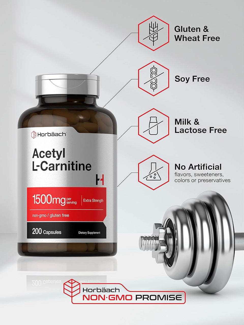 Horbã£Â¤Ach Acetyl L-Carnitine 1500Mg | 200 Capsules | Extra Strength Alcar Supplement | Non-Gmo, Gluten Free