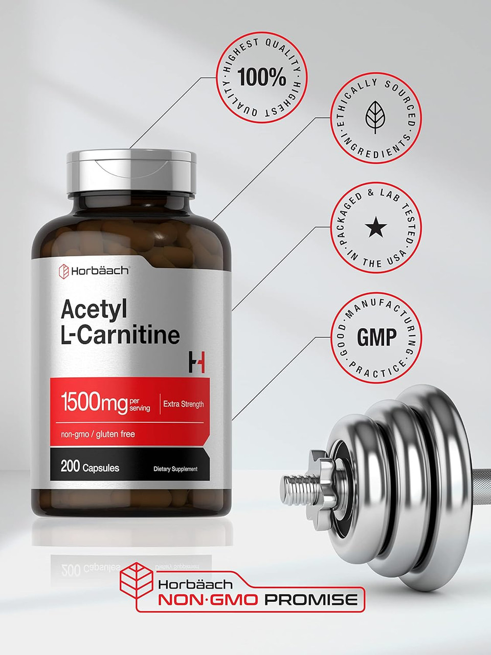Horbã£Â¤Ach Acetyl L-Carnitine 1500Mg | 200 Capsules | Extra Strength Alcar Supplement | Non-Gmo, Gluten Free