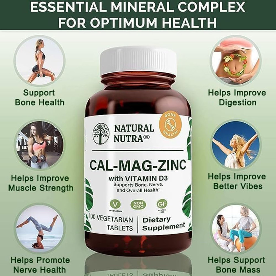 Natural Nutra Calcium Magnesium Zinc Supplement With Vitamin D3 For Bone Strength, Health Gluten Free And Sugar Free, Essential Mineral Complex (100 Count)