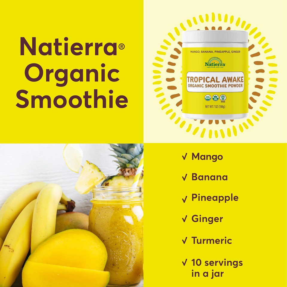 Natierra Tropical Awake Organic Smoothie Powder | Usda Organic, Vegan & Non-Gmo | 7 Oz Jar