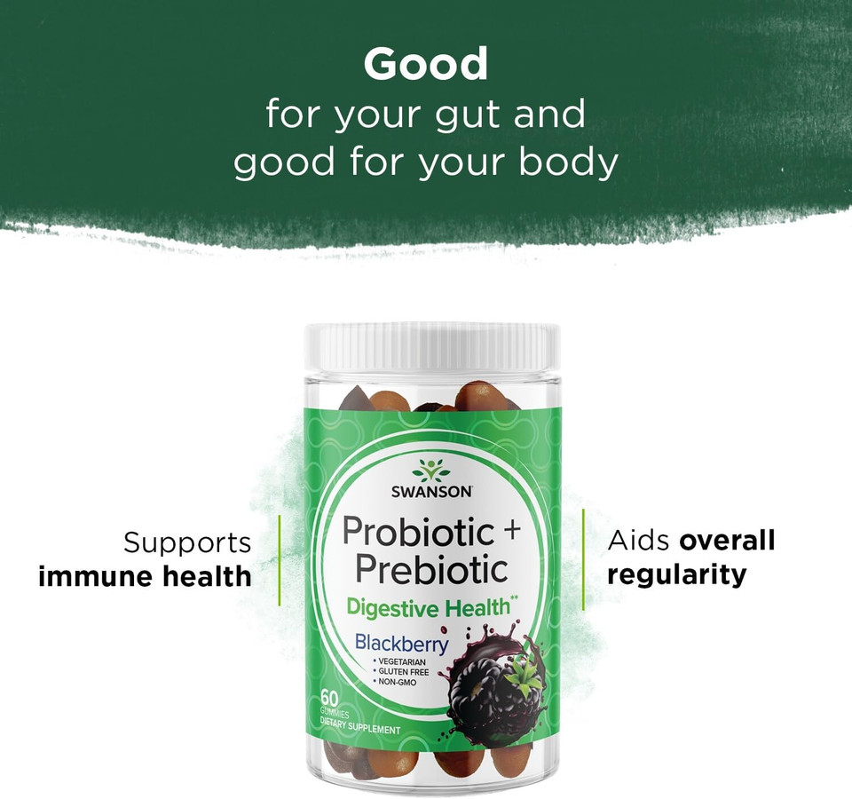 Swanson Probiotic + Prebiotic Gummies - Digestive Support Supplement Promoting Digestive Function & Bowel Regularity - Helps to Support Immune Health - (BlackBerry, 60 Gummies) (2 Pack)