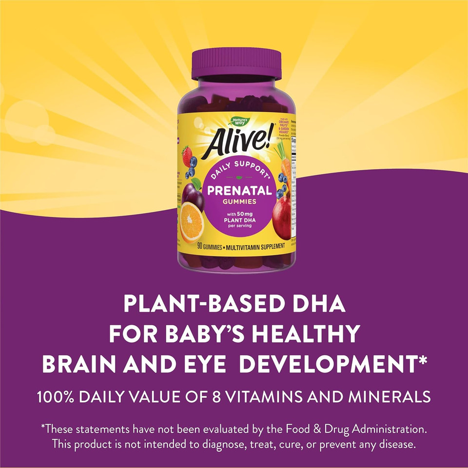 Nature'S Way Alive! Prenatal Gummies With Dha, Supports Baby'S Eye And Brain Development*, Orange And Raspberry Lemonade Flavored, 90 Gummies