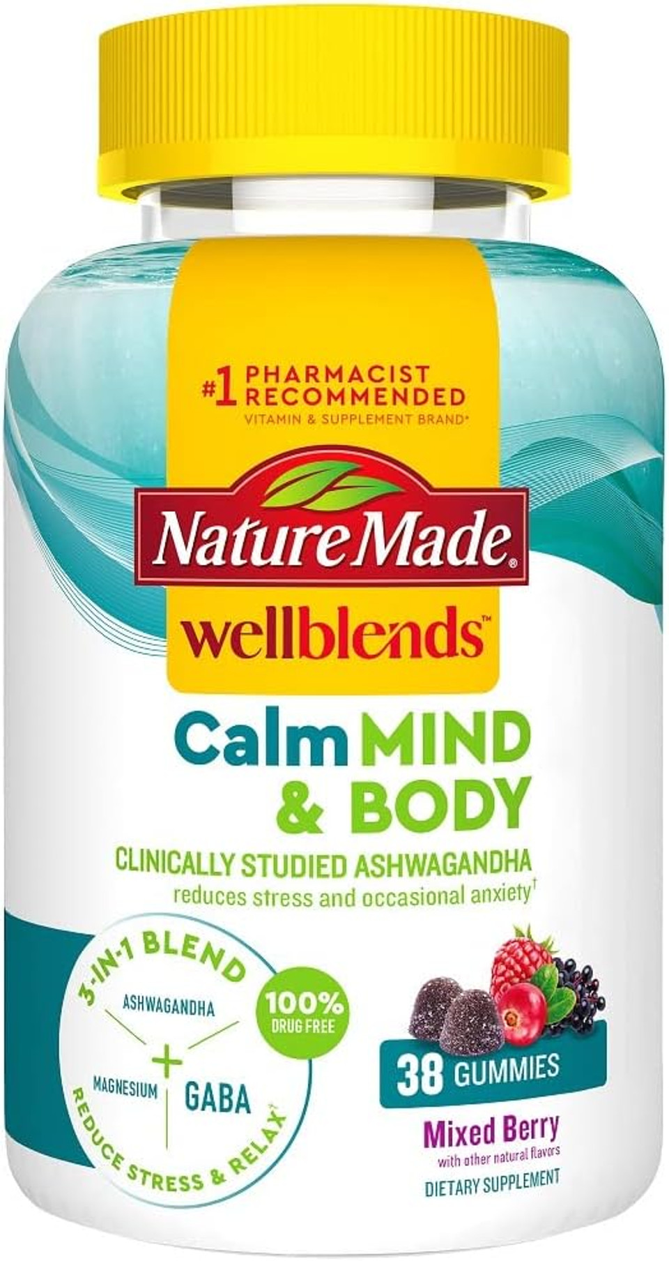 Nature Made Wellblends Calm Mind & Body, Magnesium Citrate, Ashwagandha 125Mg & Gaba 100Mg Blend For Stress Relief, 38 Gummy Vitamins