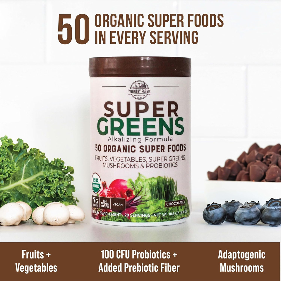 Country Farms Super Greens Chocolate Flavor, 50 Organic Super Foods, Usda Organic Drink Mix, Fruits, Vegetables, Super Greens, Mushrooms & Probiotics, Supports Energy, 20 Servings, 10.6 Oz