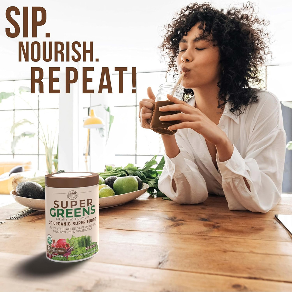 Country Farms Super Greens Chocolate Flavor, 50 Organic Super Foods, Usda Organic Drink Mix, Fruits, Vegetables, Super Greens, Mushrooms & Probiotics, Supports Energy, 20 Servings, 10.6 Oz