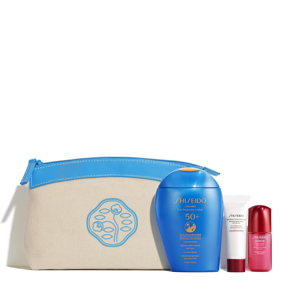 Shiseido Ultimate Active Sun Protection Set - Includes Ultimate Sun Protector Lotion Spf 50+ (150 Ml), Clarifying Cleansing Foam (125 Ml), Ultimune Power Infusing Concentrate (10 Ml) & Reusable Pouch