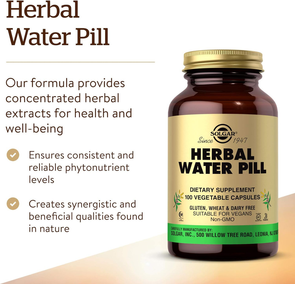 Solgar Herbal Water Pill, 100 Vegetable Capsules - Supports Fluid Balance - Concentrated Herbal Extracts - Non-Gmo, Vegan, Gluten Free, Dairy Free, Kosher, Halal - 100 Servings