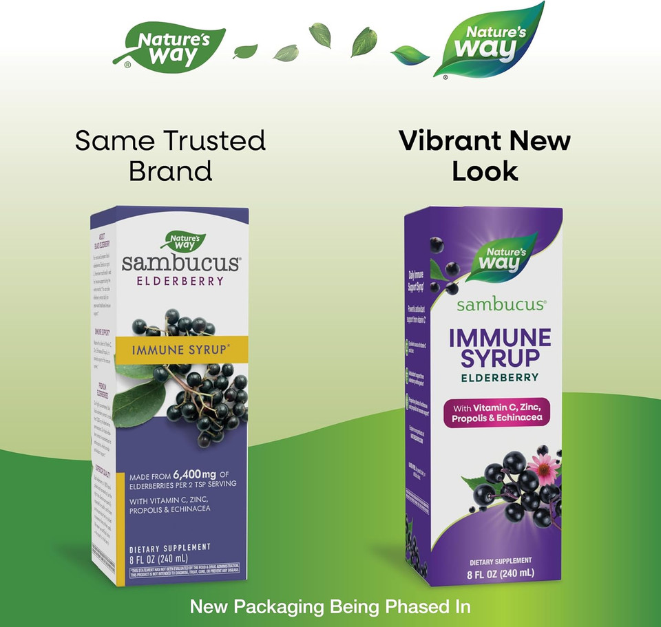 Nature'S Way Sambucus Elderberry Immune Syrup, Daily Immune Support*, Black Elderberry Extract, Vitamin C, Zinc, Echinacea, Propolis, 8 Fl Oz (Packaging May Vary)