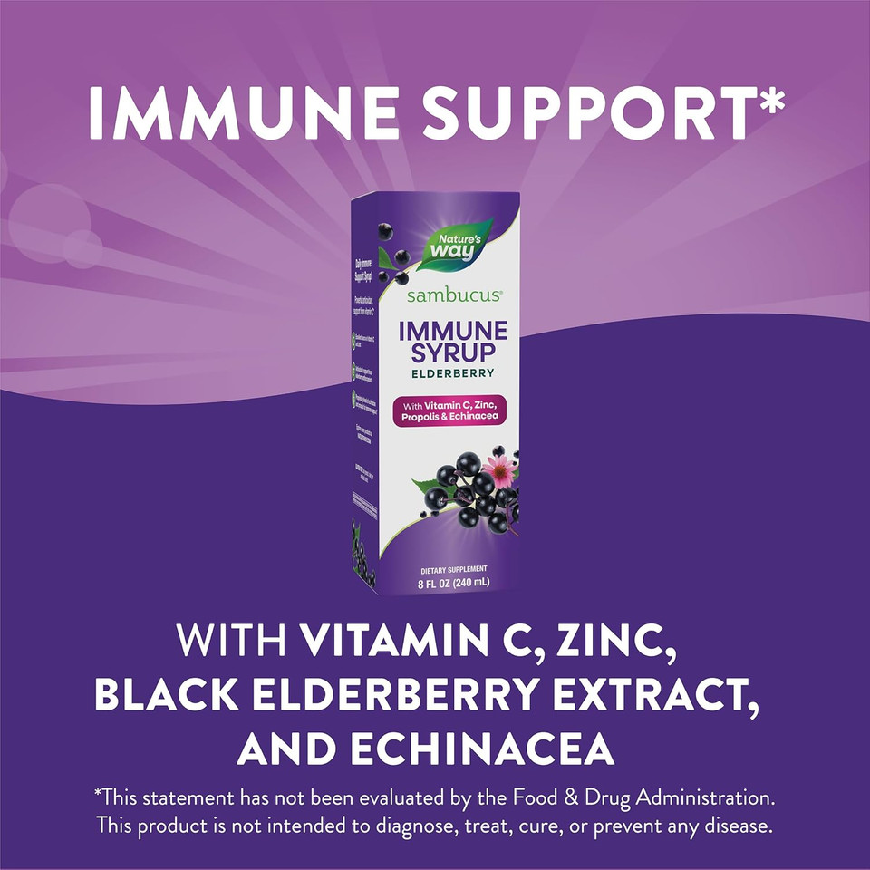 Nature'S Way Sambucus Elderberry Immune Syrup, Daily Immune Support*, Black Elderberry Extract, Vitamin C, Zinc, Echinacea, Propolis, 8 Fl Oz (Packaging May Vary)