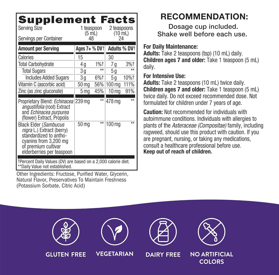 Nature'S Way Sambucus Elderberry Immune Syrup, Daily Immune Support*, Black Elderberry Extract, Vitamin C, Zinc, Echinacea, Propolis, 8 Fl Oz (Packaging May Vary)
