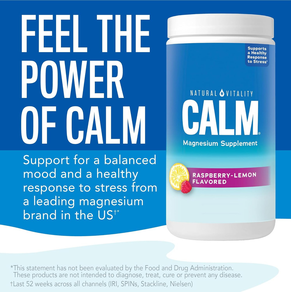 Natural Vitality CALM Magnesium Supplement Drink Mix Plus Calcium, Anti-Stress Drink Mix Powder, With Calcium, Vegetarian & Non-GMO, Raspberry Lemon, 8 oz