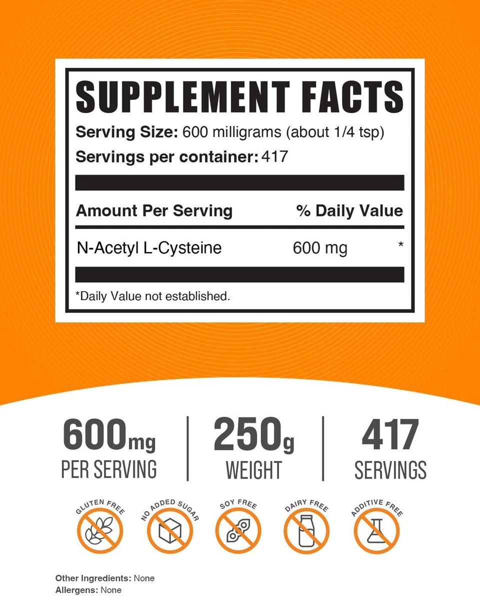 Bulksupplements.Com Nac Powder - N-Acetyl Cysteine 600Mg, Nac Supplement - Antioxidant Support, Gluten Free - 600Mg Per Serving, 417 Servings, 250G (8.8 Oz) (Pack Of 1)