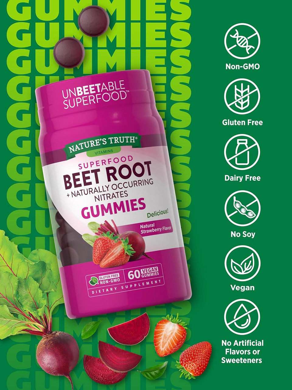 Nature'S Truth Beet Root Gummies | 60 Count | Vegan, Non-Gmo & Gluten Free | Super Food Supplement | With Black Pepper | Natural Strawberry Flavor Nature'S Truth Beet Root Gummies | 60 Count | Vegan, Non-Gmo & Gluten Free | Super Food Supplement | With Black Pepper | Natural Strawberry Flavor