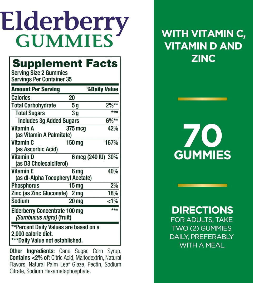Nature'S Bounty Elderberry Gummies, Dietary Supplement, Supports Immune Health, Contains Vitamin A, C, D, E And Zinc, 100 Mg, 70 Gummies