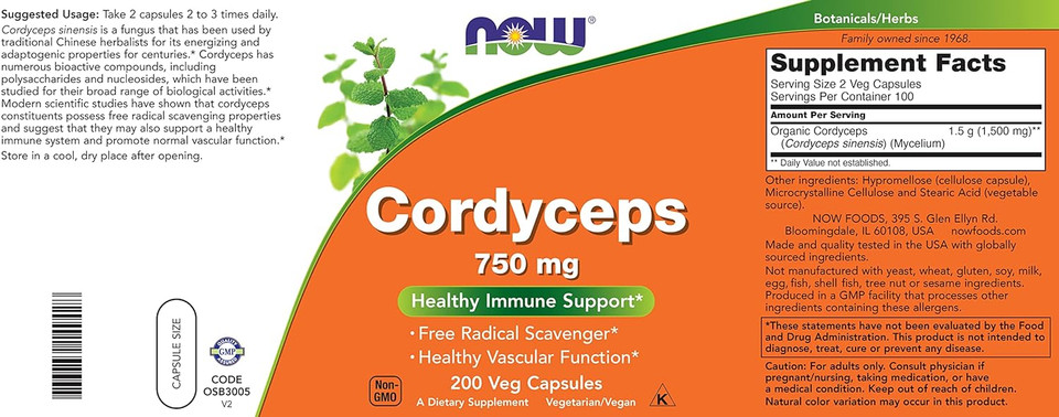Now Foods Cordyceps 750Mg 200 Veg Caps - Organic Cordycep Sinensis Mycelium Mushroom Powder - In Non-Organic Capsules - Vegan, Non-Gmo