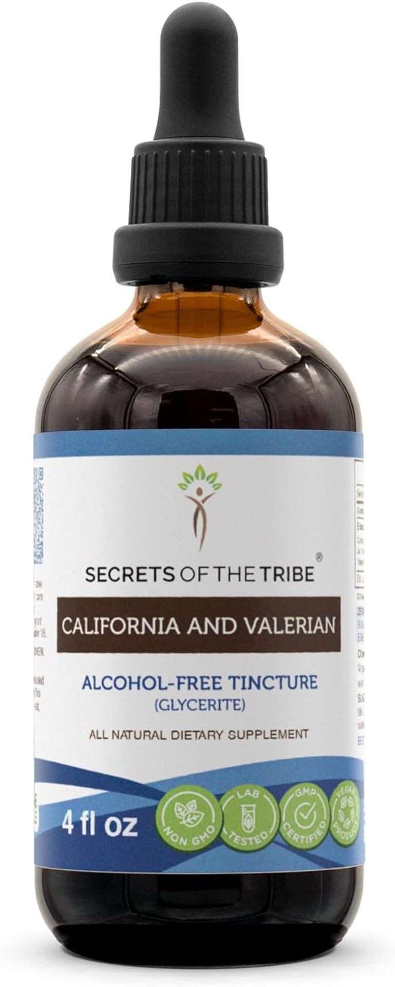 Secrets Of The Tribe California And Valerian Tincture Alcohol-Free Extract, Herbs (California Poppy Herb And Flower, Valerian Root) 4 Oz