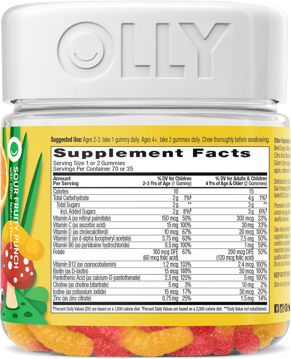 Olly Kids Multivitamin Gummy Worms, Overall Health And Immune Support, Vitamins And Minerals A, C, D, E, Bs And Zinc, Chewable Supplement, Sour Fruit Punch, 45 Day Supply (70 Count)