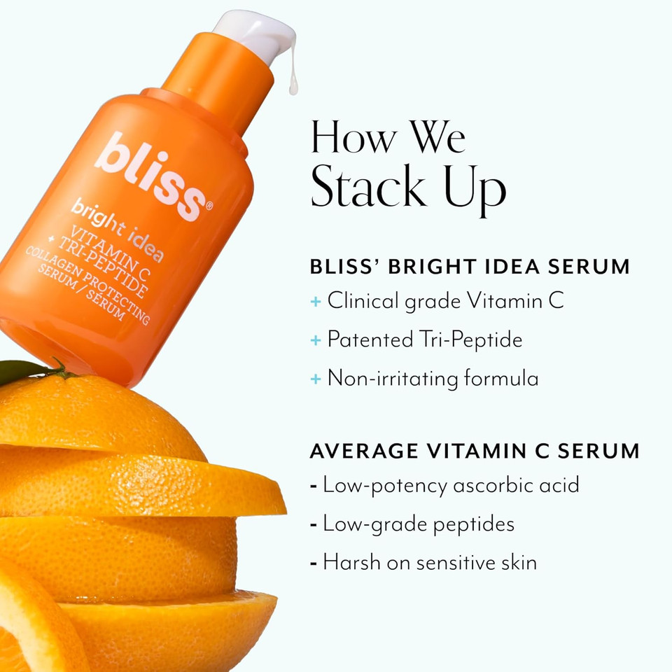 Bliss Bright Idea Vitamin C + Tri-Peptide Brightening Serum - 1 Fl Oz - Hydrating Illuminating Face Cream With Peptides & Bliss Glow Rush Luminous Daily Brightening Moisturizer For Radiant Skin