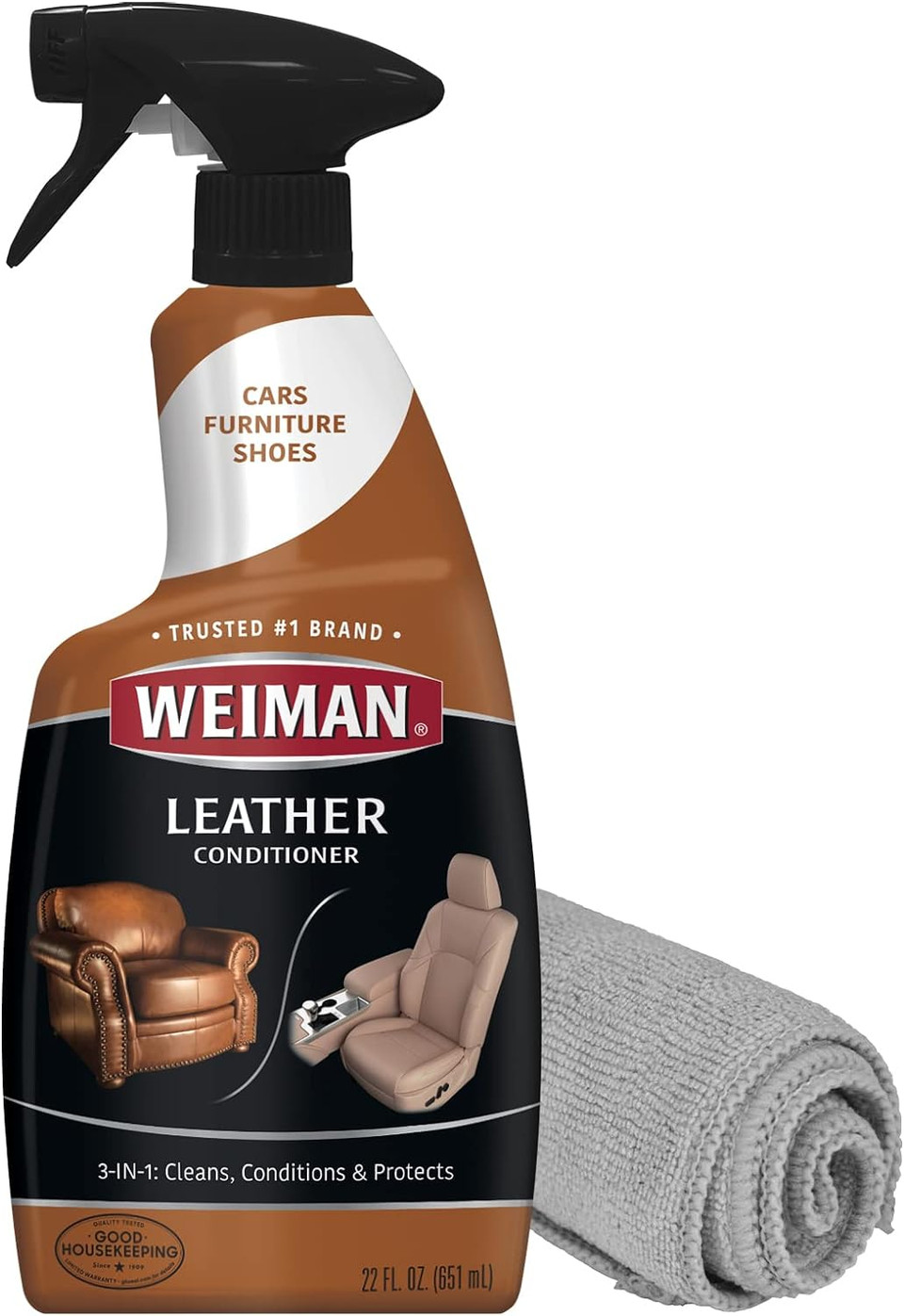 Weiman Leather Cleaner, Polish And Conditioner For Furniture, Car, Purses, Shoes, Boots And Couches- Micro Fiber Towel Included, 22Oz