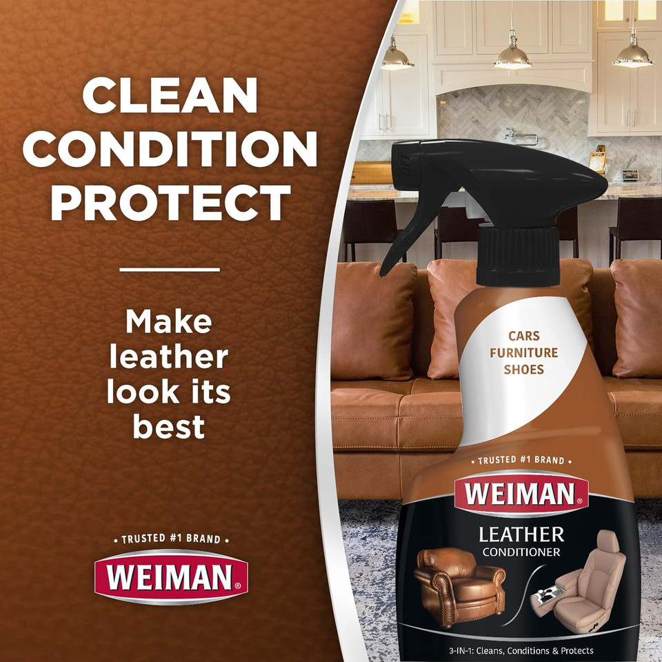 Weiman Leather Cleaner, Polish And Conditioner For Furniture, Car, Purses, Shoes, Boots And Couches- Micro Fiber Towel Included, 22Oz