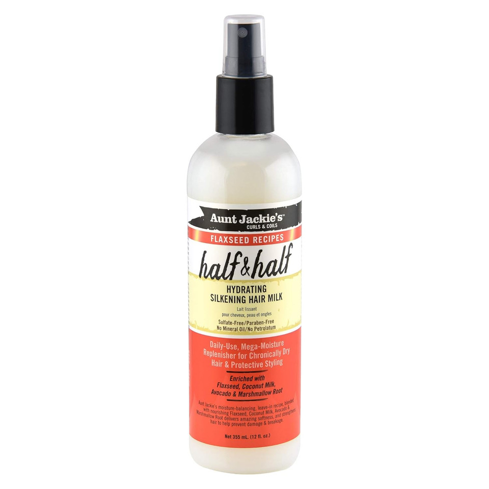 Aunt Jackie'S Flaxseed Recipes Half & Half, Hydrating Silkening Hair Milk, For Daily Use, Enriched With Flaxseed, Coconet, Jojoba Oil, Shea Butter, Grapeseed And Ginseng, 12 Ounce Spray Bottle