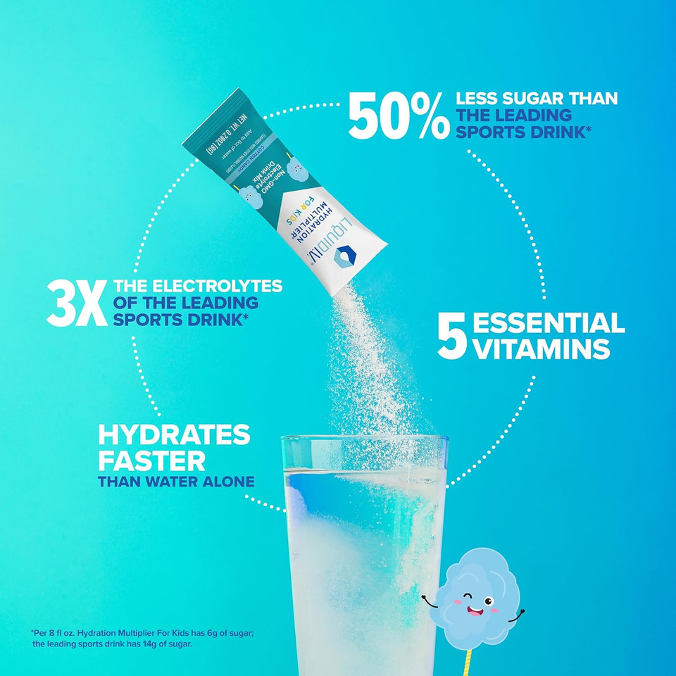 Liquid I.V. Hydration Multiplier Kids - Blue Cotton Candy - Hydration Powder Packets | Electrolyte Powder Drink Mix | Easy Open Single-Serving Servings | Non-Gmo | 1 Pack (16 Servings)