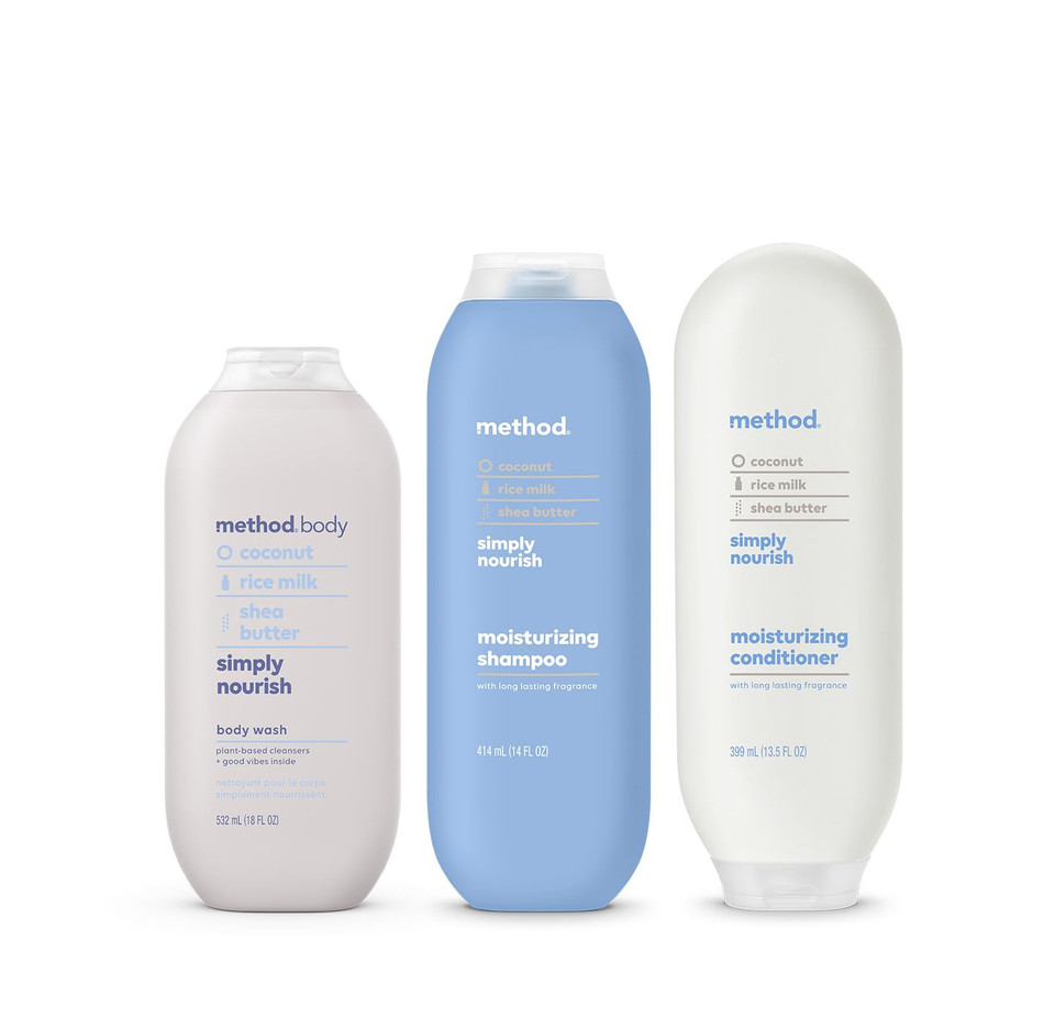 Method Hair And Body Variety Pack - Simply Nourish - Shampoo 14 Oz, Conditioner 13.5 Oz, Body Wash 18 Oz
