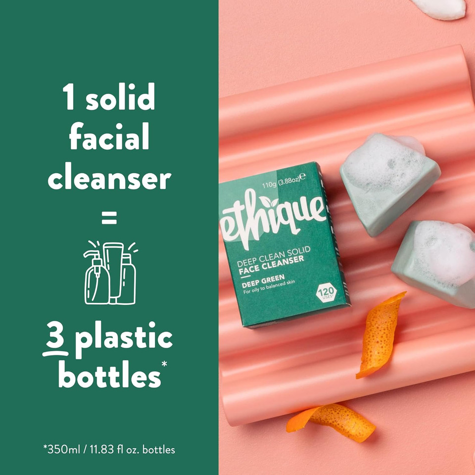 Ethique Deep Cleaning Solid Natural Face Cleanser For Oily To Balanced Skin - Deep Green - Vegan, Eco-Friendly- Zero-Waste, Plastic-Free, Cruelty-Free, 3.53 Oz (Pack Of 1:4 Bars)