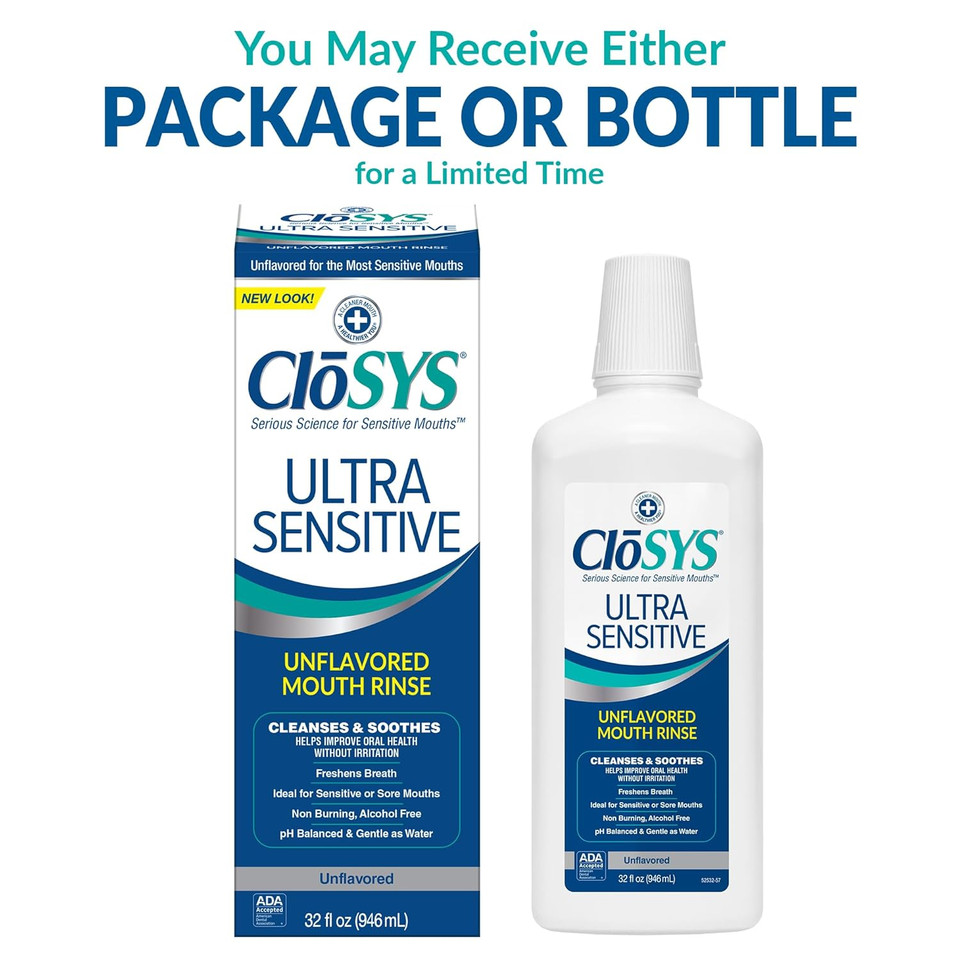 Closys Ultra Sensitive Mouthwash, 32 Ounce, Unflavored (Optional Flavor Dropper Included), Alcohol Free, Dye Free, Ph Balanced, Helps Soothe Entire Mouth