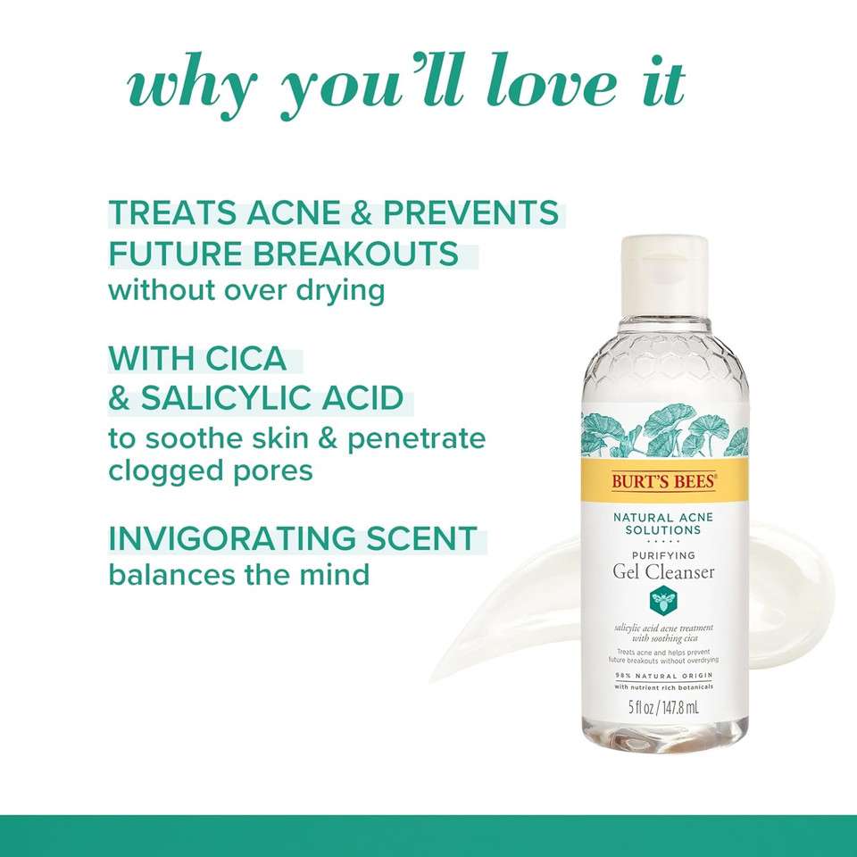 Burt'S Bees Natural Acne Solutions Purifying Gel Cleanser, Salicylic Acid Acne Treatment With Soothing Cica, 98% Natural Origin, 5 Fluid Ounces (Package May Vary)