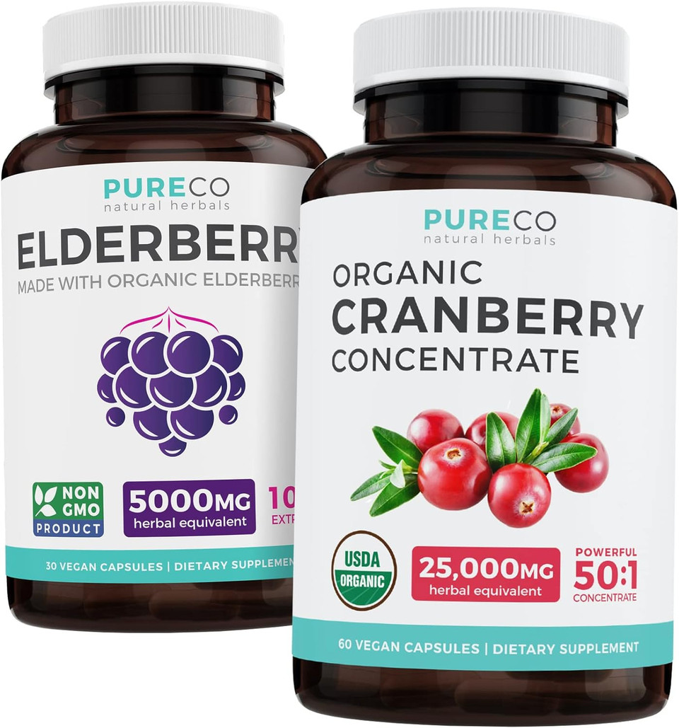 Bundle Of Organic Cranberry & Organic Elderberry - Super Berry Bundle - Organic Cranberry Pills - 50:1 Concentrate & Organic Elderberry Capsules Powerful 10:1 Extract For Immune Support