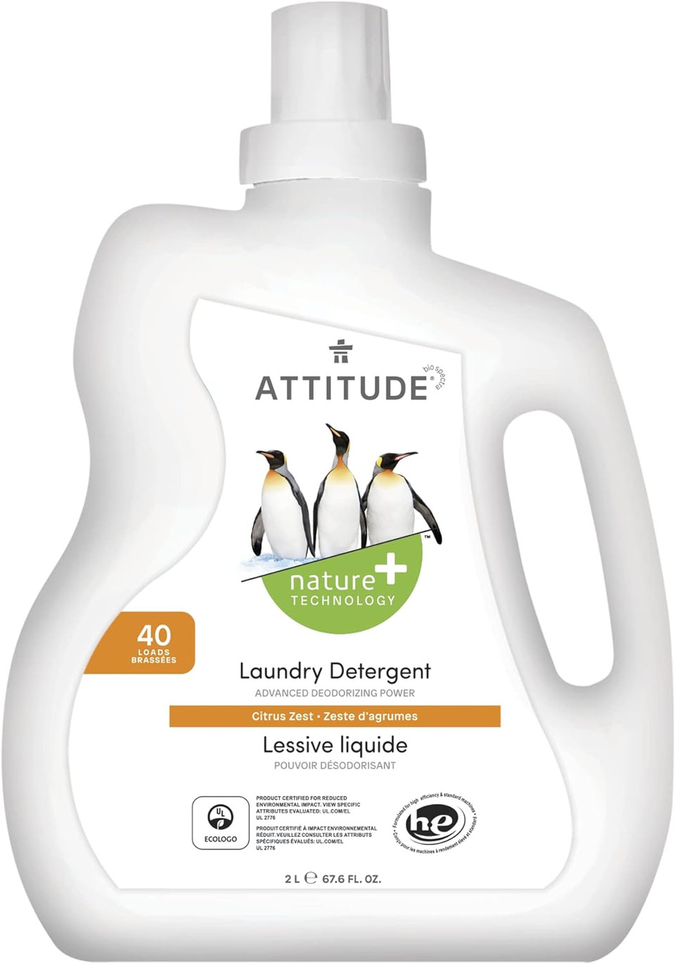 Attitude Liquid Laundry Detergent, Ewg Verified Laundry Soap, He Compatible, Vegan And Plant Based Products, Cruelty-Free, Citrus Zest, 40 Loads, 67.6 Fl Oz