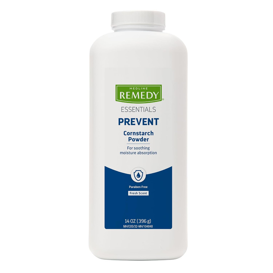 Medline Remedy Essentials Cornstarch Powder (14 Oz Bottle), 12 Count, Fresh Scent, Talc Free, Shaker Top, Skin Care, Absorbs Sweat, Soothes, Reduces Friction & Chafing, For Adults, Feet, Groin