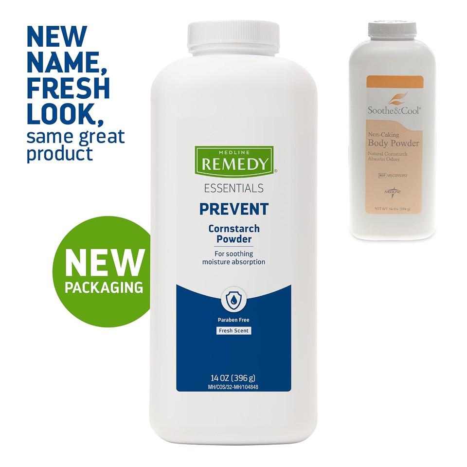 Medline Remedy Essentials Cornstarch Powder (14 Oz Bottle), 12 Count, Fresh Scent, Talc Free, Shaker Top, Skin Care, Absorbs Sweat, Soothes, Reduces Friction & Chafing, For Adults, Feet, Groin