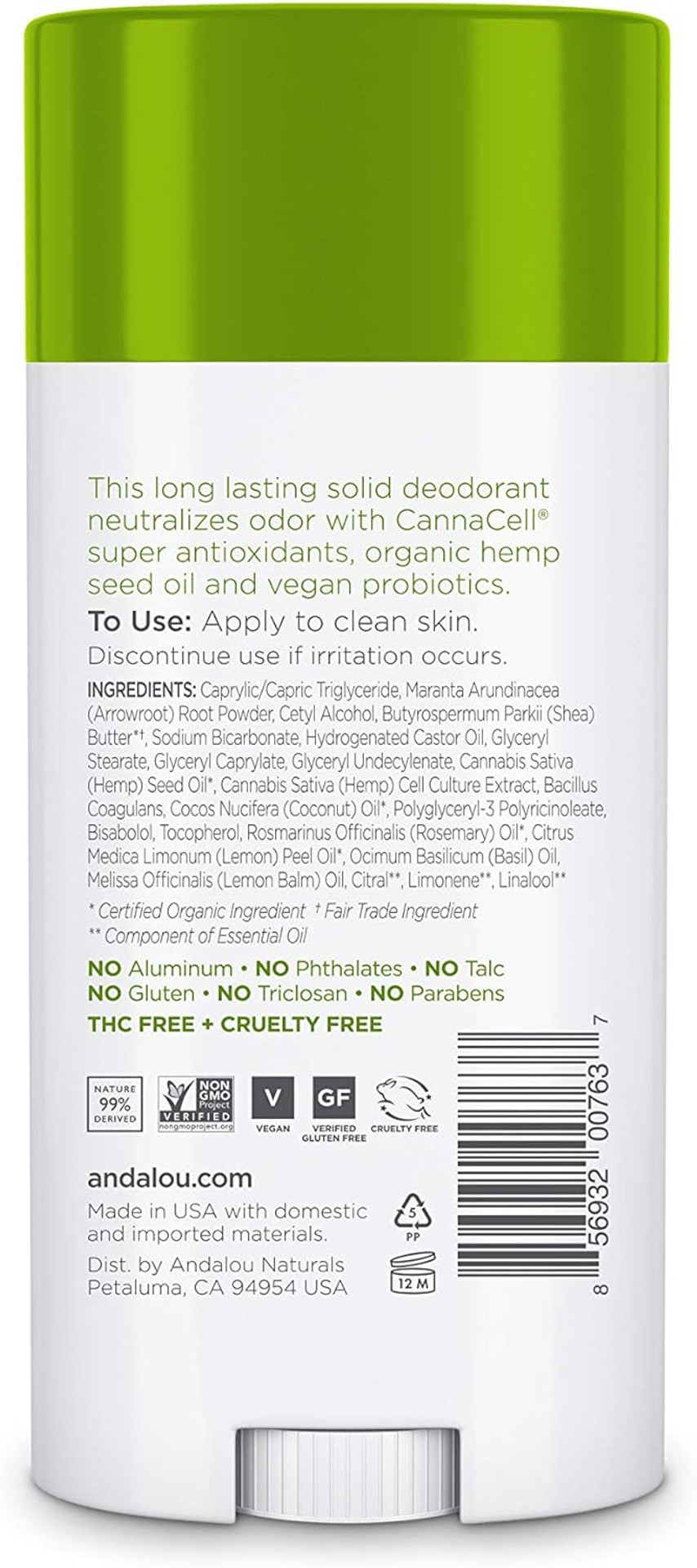 Andalou Naturals Deodorant, Cannacell Rosemary + Lemon Balm, 2.65 Ounce