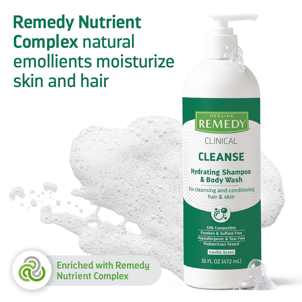 Medline Remedy Clinical Hydrating Shampoo & Body Wash (16 Fl Oz), Vanilla Scent, Cleanser, No-Rinse, Adults, Kids, Shower Or Bedside, Dimethicone, Sulfate Free