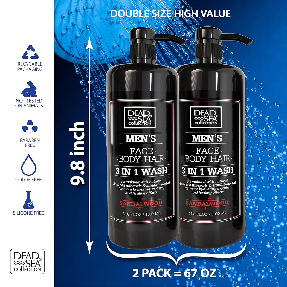 Dead Sea Collection 3 In 1 Body Wash For Men  Sandalwood Cleanser For Body, Hair And Face - Pack Of 2 Bottles (33,8 Fl. Oz. Each)