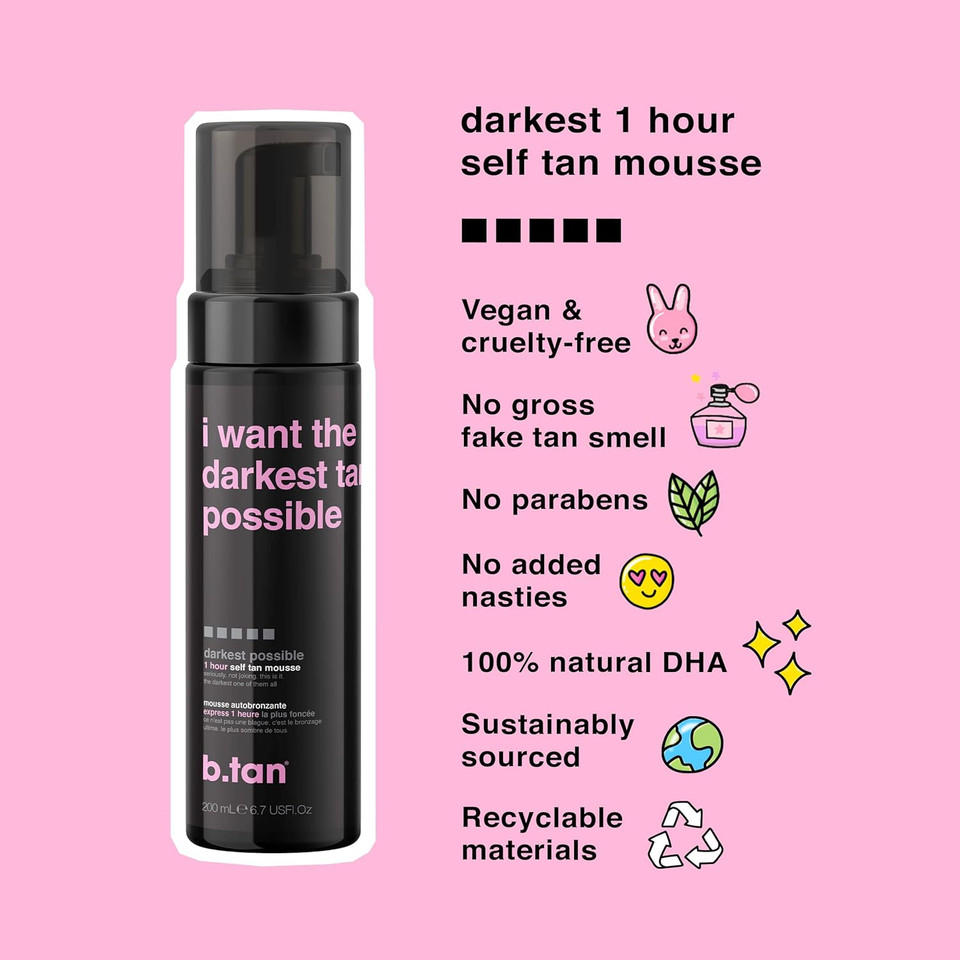 B.Tan Dark Self Tanner Kit | Get The Darkest Tan Possible Bundle - Darkest Self Tanning Mousse W Self Tanning Mitt Applicator, 1 Hour Sunless Tanner, Fast Self Tan, No Fake Tan Smell, Vegan, 6.7 Fl Oz